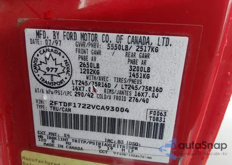 1997 Ford F150 from USA, damaged, VIN 2FTDF1722VCA93004